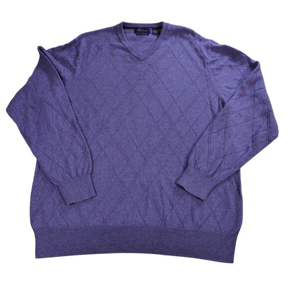 Alan Flusser XL Purple Cotton Cashmere V-Neck Sweater Argyle Knit Pullover - Picture 1 of 10